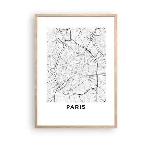 Plakat w ramie 50x70 cm - kwiat paryża - rama jasny dąb - miasto, mapa miasta, paryż, grafika, francja, do salonu, do sypialni, biały, czarny, Arttor