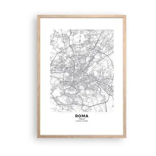 Plakat w ramie 50x70 cm - rzymski krąg - rama jasny dąb - miasto, mapa miasta, rzym, grafika, włochy, do salonu, do sypialni, biały, czarny, p Arttor