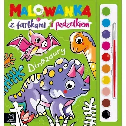 Malowanka z farbkami i pędzelkiem. Dinozaury