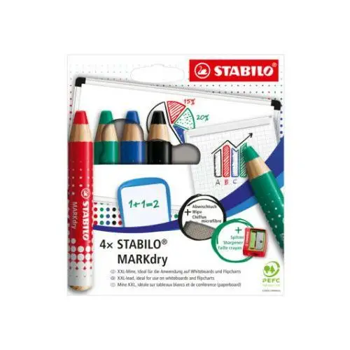 STABILO MARKdry - 4er Pack mit Spitzer und Abwischtuch - in vier verschiedenen Farben